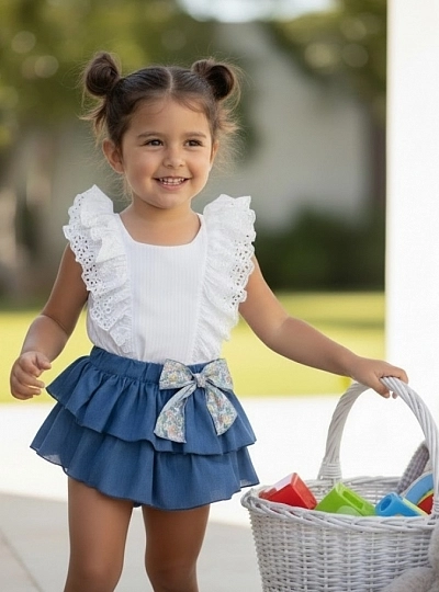 Embroidered white blouse and culotte set. Raspa Collection