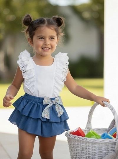 Embroidered white blouse and culotte set. Raspa Collection