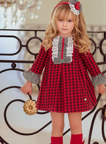 Evasé dress in red and navy houndstooth.