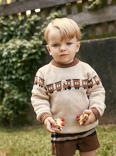 Foque Gstaad boys' sweater with trains in wool and cashmere Foque Gstaad boys' sweater with trains in wool and cashmere