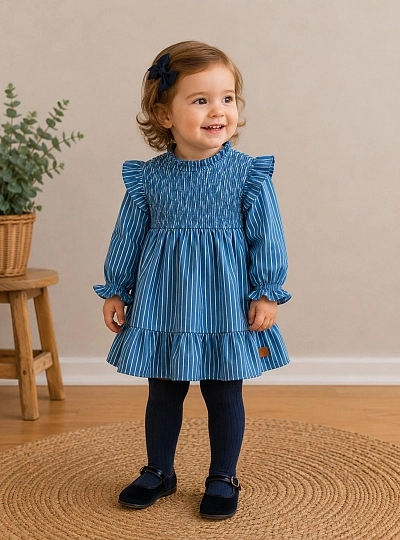 Girl's blue denim dress with white stripes Girl's blue denim dress with white stripes