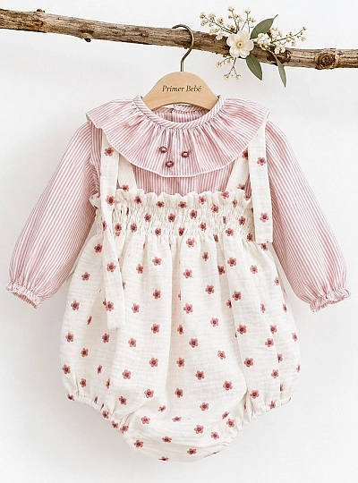 Girls' Crinkled Cotton Romper and Striped Blouse Set – Flor de Copo Collection Girls' Crinkled Cotton Romper and Striped Blouse Set – Flor de Copo Collection