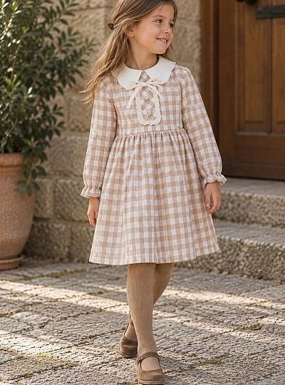 Girls' Gingham and Plumeti Dress – Camel | Toffee Girls' Gingham and Plumeti Dress – Camel | Toffee