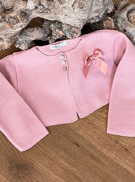 Girl's jacket in fine yarn, three colors with matching bow.