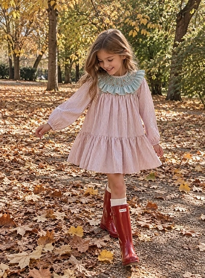 Girls' Pink Striped Dress with Embroidered Collar – Mango by Copo Collection Girls' Pink Striped Dress with Embroidered Collar – Mango by Copo Collection