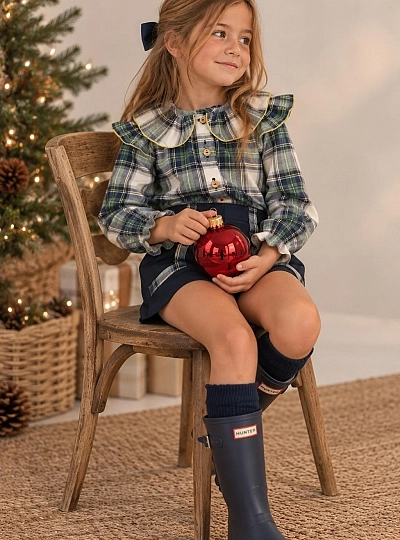 Girls' Plaid Blouse and Navy Shorts Set – Anastasia Collection by La Peppa Girls' Plaid Blouse and Navy Shorts Set – Anastasia Collection by La Peppa