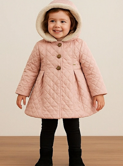 Girls' quilted coat. Powder pink with shearling.