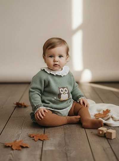 Girls' set: sweater, blouse and panties. Owl on the Branch Collection. Girls' set: sweater, blouse and panties. Owl on the Branch Collection.