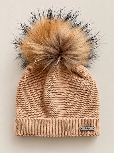 Gorro de punto con pompón de pelo natural desmontable Gorro de punto con pompón de pelo natural desmontable