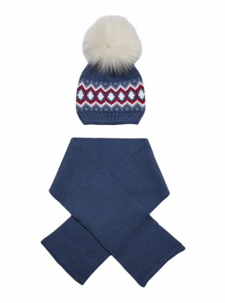 Hat and scarf set in Bruma blue with ecru pompom.