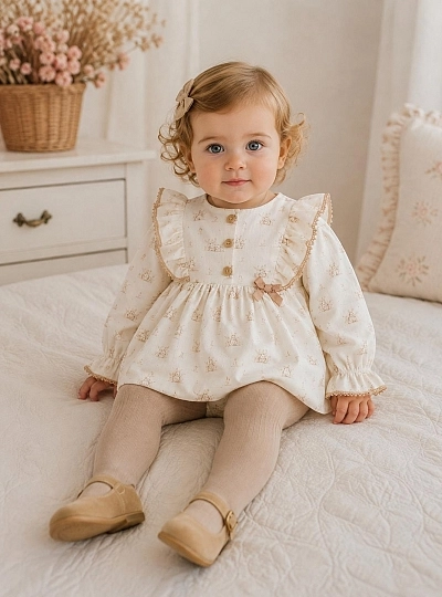 Jesusito niña con braguita de viella – Estampado crudo y arena Jesusito niña con braguita de viella – Estampado crudo y arena