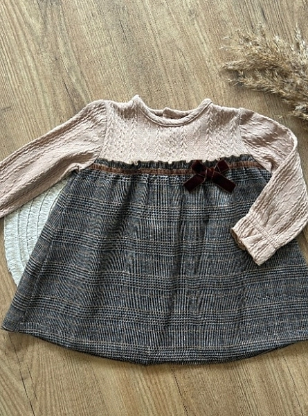 Knit and fabric dress in tan tones