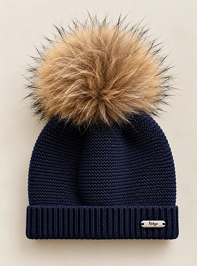 Knitted hat with detachable natural fur pompom
