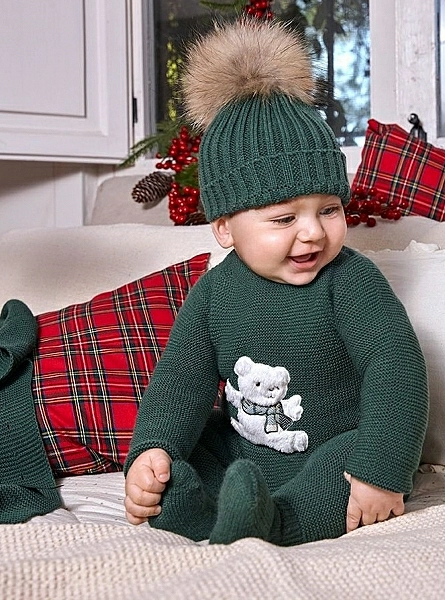 Knitted romper in moss green with a teddy bear. Grapefruit Collection