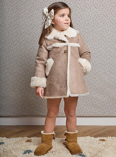 La Martinica girls' camel faux-suede coat with beige fur trim.