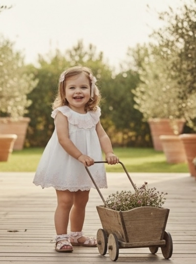 Linen dress with pink tulle.