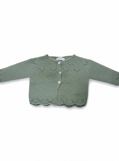 Long baby cardigan, two-tone, for first outfits. Suitable for in-between seasons.