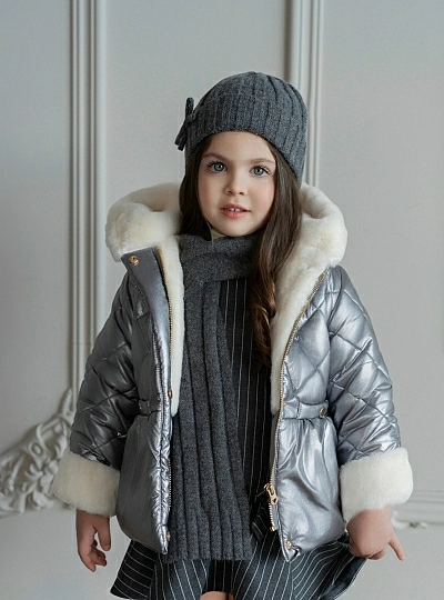 Metallic gray parka for girls with raw fur