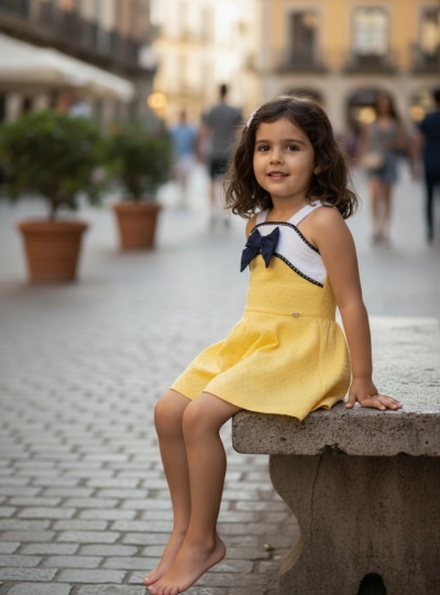 Mono para niña en amarillo con blanco y marino