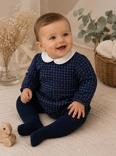 Navy blue romper for boys with Peter Pan collar Navy blue romper for boys with Peter Pan collar