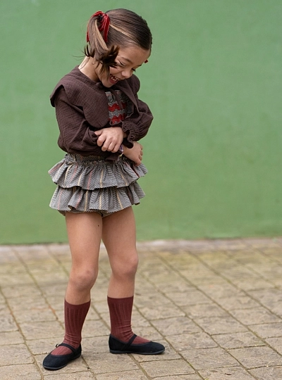 Nuez collection girl's outfit with pinafore dress and muslin blouse