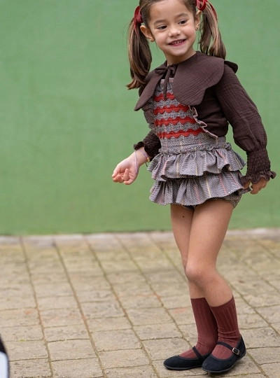 Nuez collection girl's outfit with pinafore dress and muslin blouse