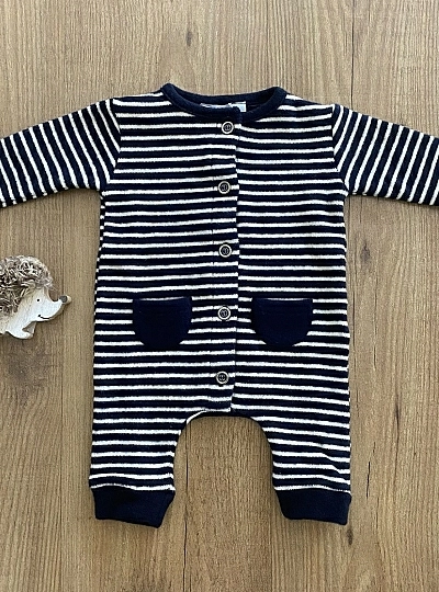 One-piece footless romper in navy and white cotton jersey