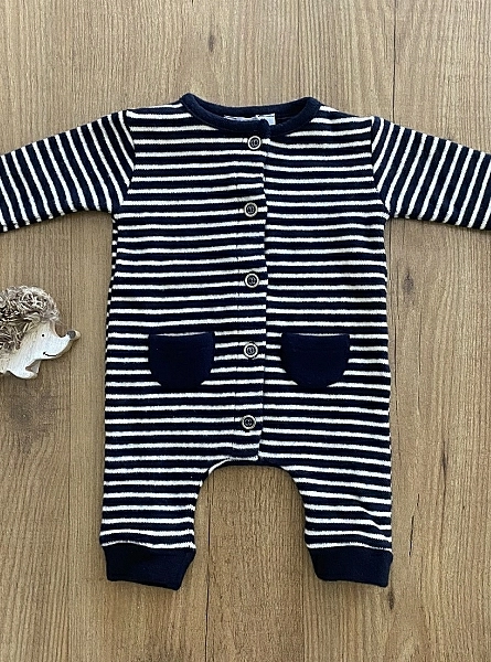 One-piece footless romper in navy and white cotton jersey