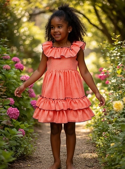 Orange gingham dress with purple trim