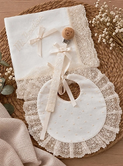 Pack bautizo unisex babero, chupetero y pañuelo beige Pack bautizo unisex babero, chupetero y pañuelo beige