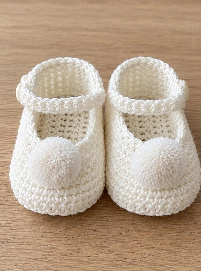 Patucos Artesanales Bebé de Punto con Pompón | Unisex Patucos Artesanales Bebé de Punto con Pompón | Unisex