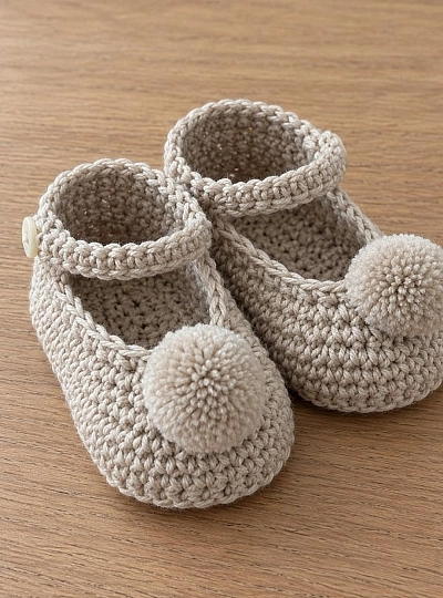 Patucos Artesanales Bebé de Punto con Pompón | Unisex Patucos Artesanales Bebé de Punto con Pompón | Unisex