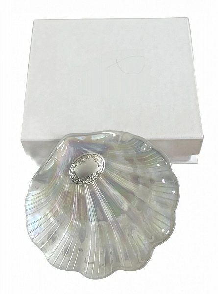 Pearly crystal shell with silver oval.