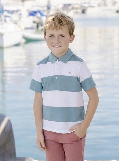 Polo shirt for boys in turquoise and white stripes.