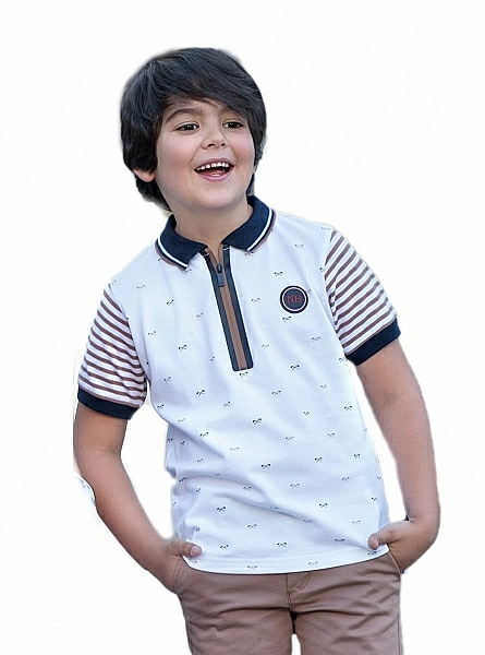 Polo shirt for children in white with brown and navy tones