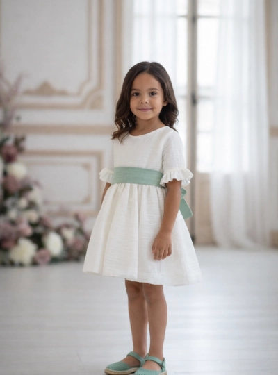 Raw cotton chiffon dress with three-quarter sleeves. Two-tone bow Raw cotton chiffon dress with three-quarter sleeves. Two-tone bow