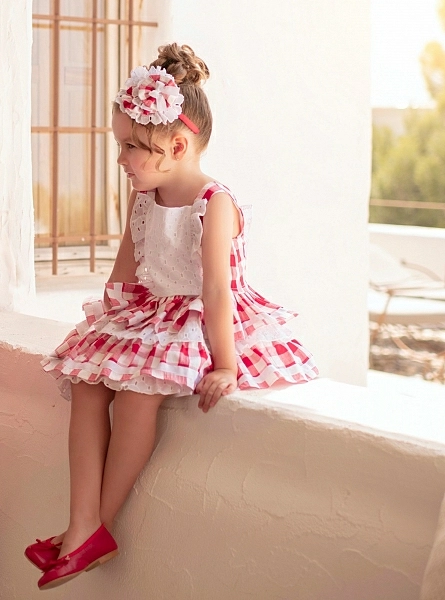 Red and white vichy ruffled dress.
