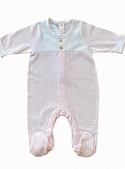 Romper or pajamas with a gingham check. Pink or blue.