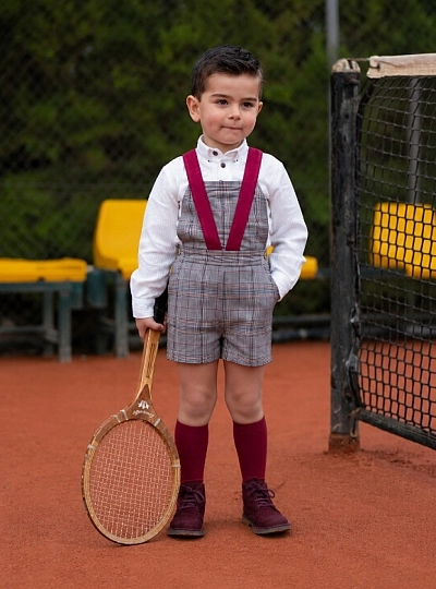 Rooster collection boy's outfit with plaid shirt and dungarees Rooster collection boy's outfit with plaid shirt and dungarees