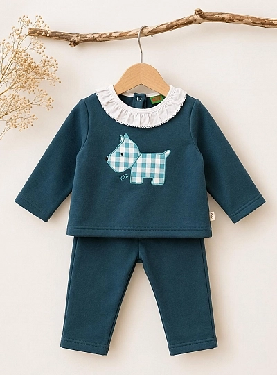 Scotty petrol blue tracksuit for girls with puppy and ruffle Scotty petrol blue tracksuit for girls with puppy and ruffle