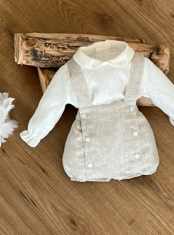 Set for boy. Frog and ceremony blouse. Beige and sand