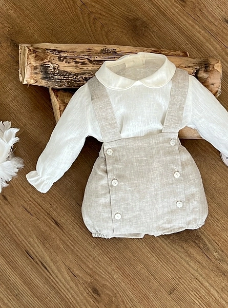 Set for boy. Frog and ceremony blouse. Beige and sand