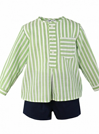 Set for boy. Shirt and pants. Green and navy stripes