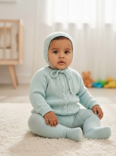 Summer knit set. Three pieces in aqua green.