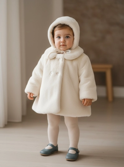 Unisex baby faux fur coat with hood, ecru color