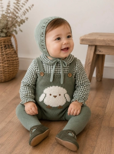 Unisex baby set: knitted romper and gingham blouse, Sweets collection Unisex baby set: knitted romper and gingham blouse, Sweets collection