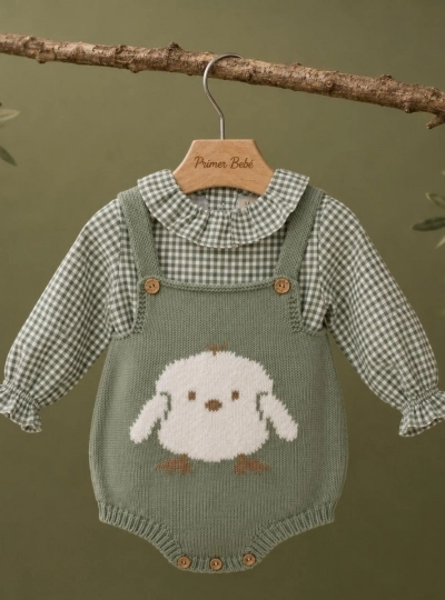Unisex baby set: knitted romper and gingham blouse, Sweets collection