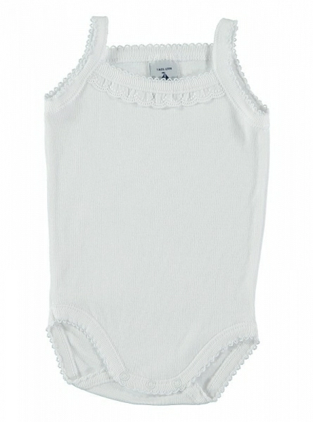 Unisex bodysuit with embroidered strip and suspenders. 4 colors