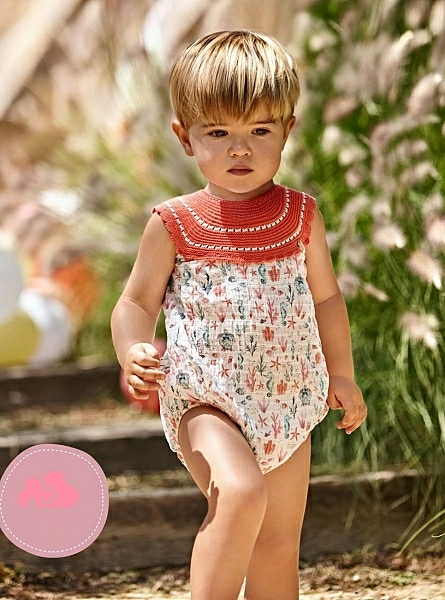 Unisex coral knit romper with printed fabric
