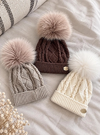 Unisex Hat with Detachable Pompom Tan Beige and Chocolate Unisex Hat with Detachable Pompom Tan Beige and Chocolate